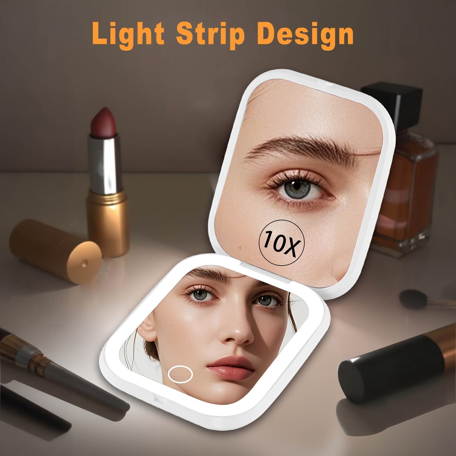 10X/1X Magnification LED Compact Travel Makeup Mirror With Light, Rechargeable, Adjustable Brightness, 2-Sided, Folding, Handheld